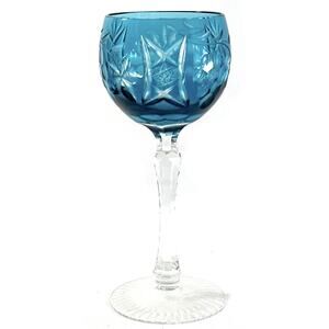 Vtg Bohemian Czech Aqua Blue Cut to Clear Crystal Hock Wine Glass 7.5” Goblet